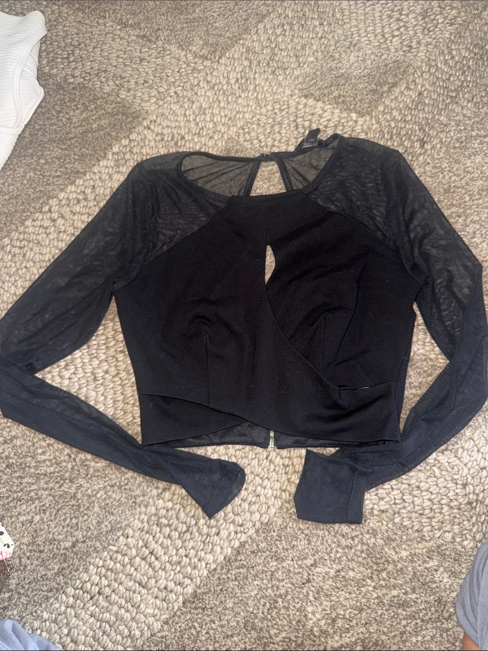 Guess Black Long-Sleeve Mesh Crop Top with Keyhole